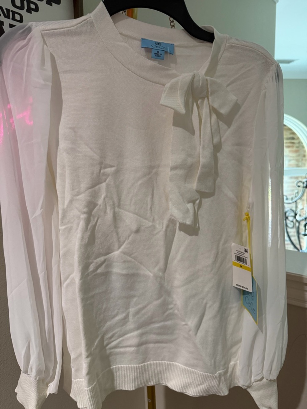 Auction tonight at 7:30pm CeCe White Sheer-Sleeve Tie-Neck Sweater